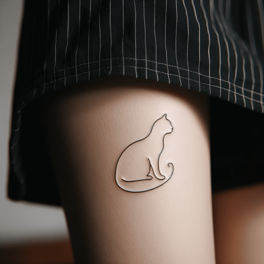 thigh tattoo A single-line cat silhouette
