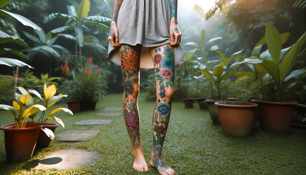 patchwork tattoo design for legs