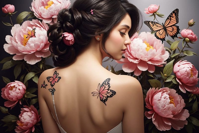 computer graphics, flower back tattoo on the back of female